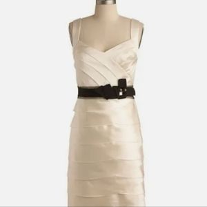 Max and Cleo BCBG Off White Satin Mini Shutter Pleat Tier Belted Cocktail Dress